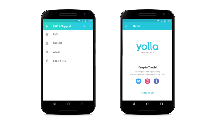 Yolla Calls faq and about screens - updated on Android