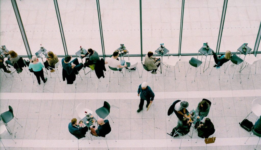 a view of the interior of a restaurant from above