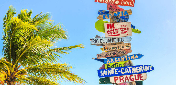 a pole with distanations to different cities of the world